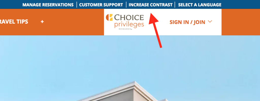 partial screen shot of Choice Hotels website; arrows points to text increase contrast