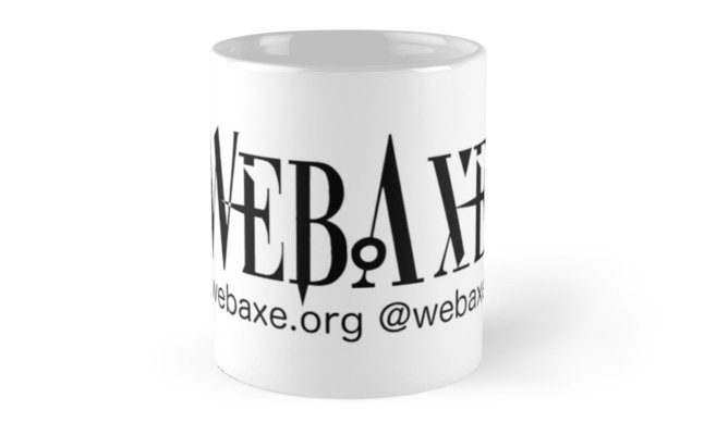 White mug with black Web Axe logo, email and twitter handle