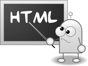 illustration of the letters HTML written on a chalkboard with confused cartoon-like character pointing to it