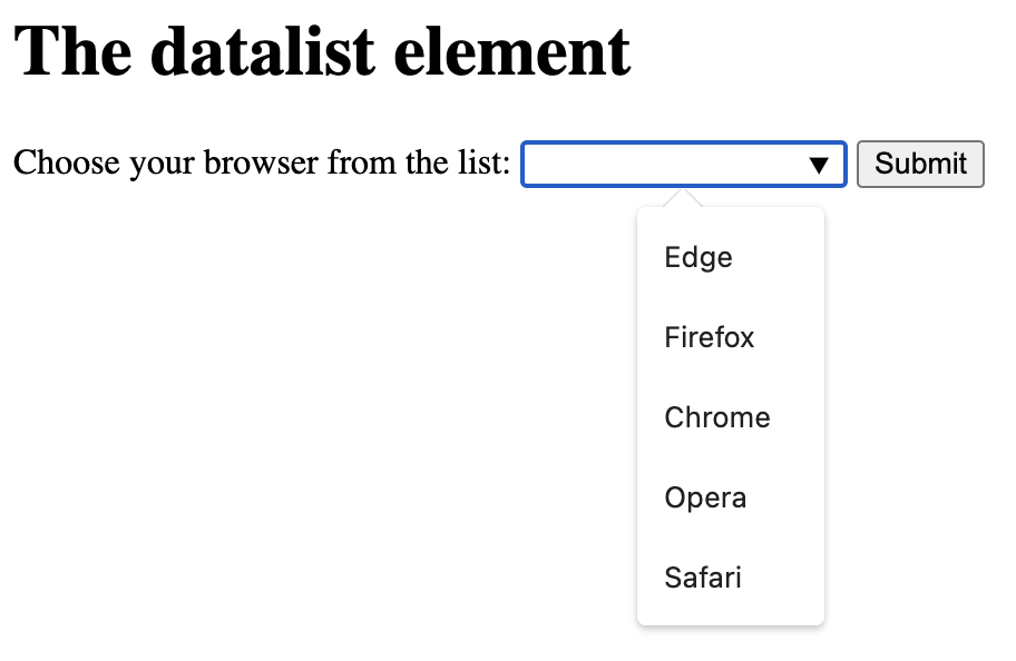 Demo of the datalist element. Control appears like a select and has options displayed below.